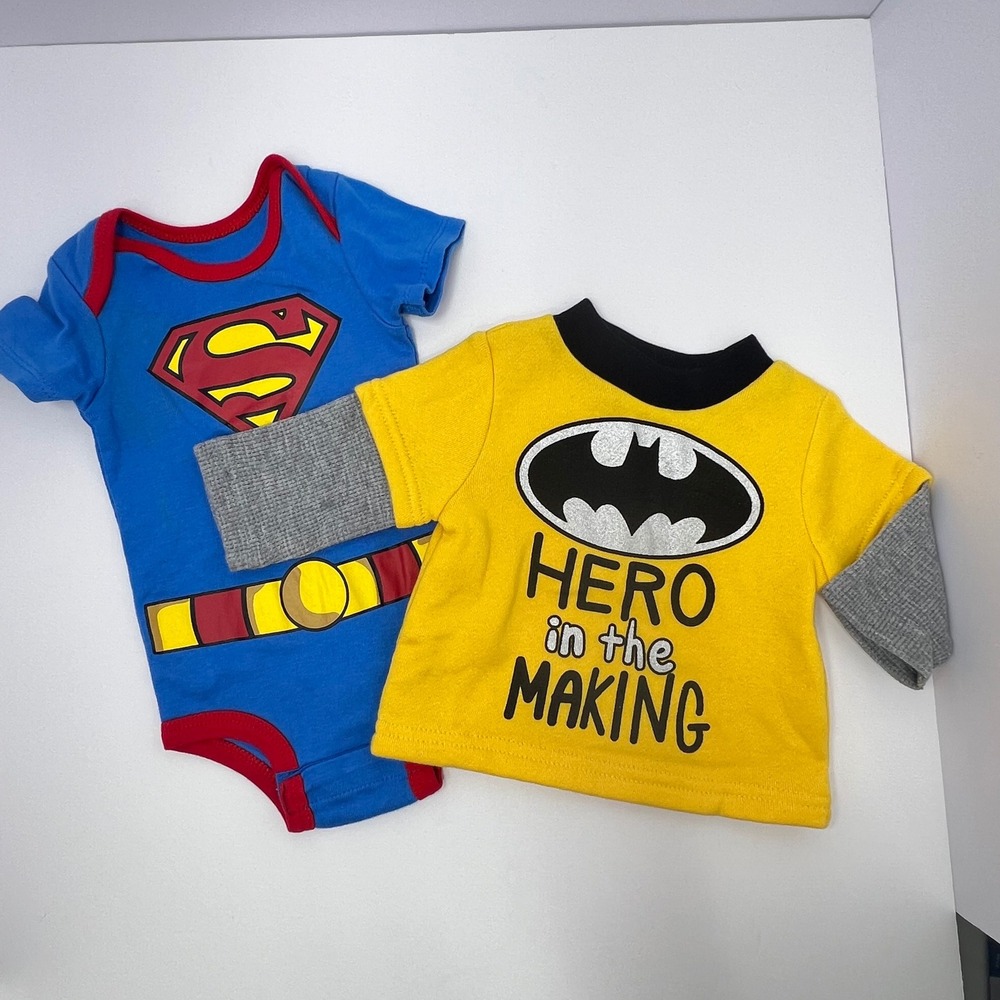DC Comics Superhero Tops Baby 0-3M Superman Bodysuit Batman Shirt Newborn